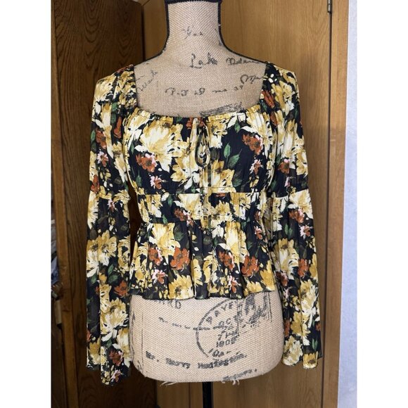 Womens Mesh Crop Top Floral Babydoll Coquette Y2k Fairy Goth Flare Sleeve XS - Picture 3 of 11